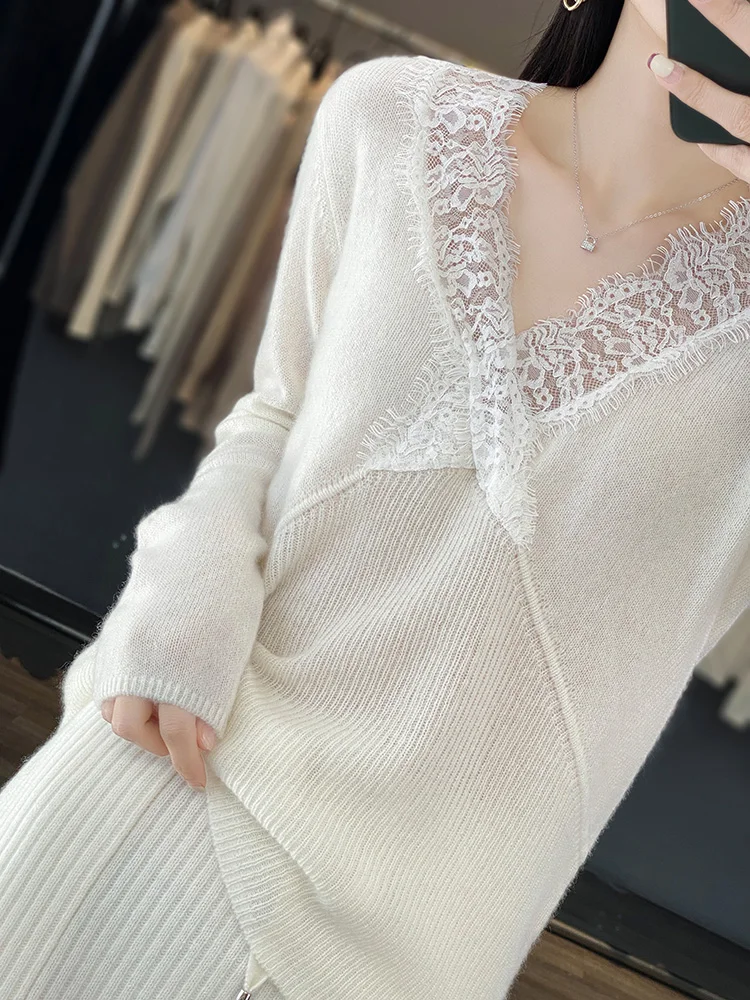 Women's Pullover Spring/Autumn New 100% Wool Sweater Casual Solid Color Knitwear Fashion V Neck Ladies Tops Slim Lace Blouse