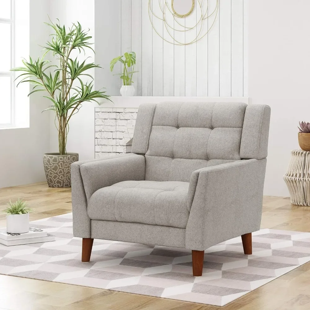 

Living room chair with medieval modern fabric tufted upholstered ergonomic design, beige & walnut
