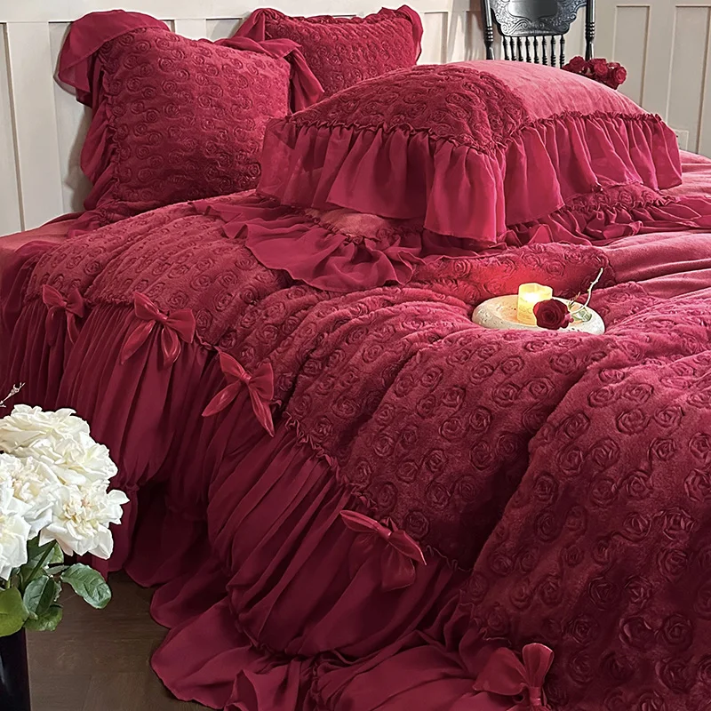 French Romantic Wedding Bedding Set, Milk Fleece Queen Size 4-Piece, Winter Flannel Sheets, Ultra Soft & Warm Duvet Covers