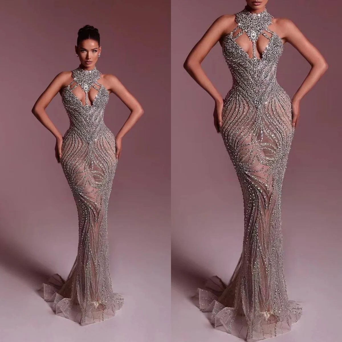 

Luxurious High Neck Crystal Evening Dresses Customized Sexy Crystal Sleeveless Prom Dress Beaded See Through Party Gown