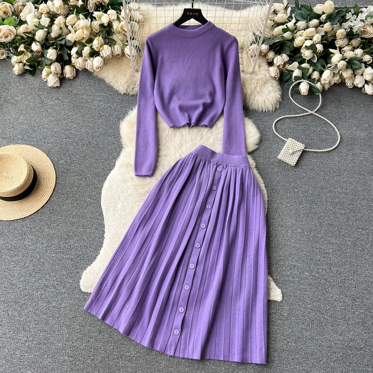 ALPHALMODA 2024 New Women Knitted Fashion Suit Autumn Winter Round Neck Sweater High Waist Pleated Skirt Ladies 2pcs Vintage Set