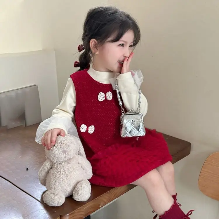 1-8Y Girls Winter 2PCS Clothes Set Solid Lace Cuffs Round Collar Kid Girl Pullover Bow Thicken Velvet Toddler Girl Sundress Suit