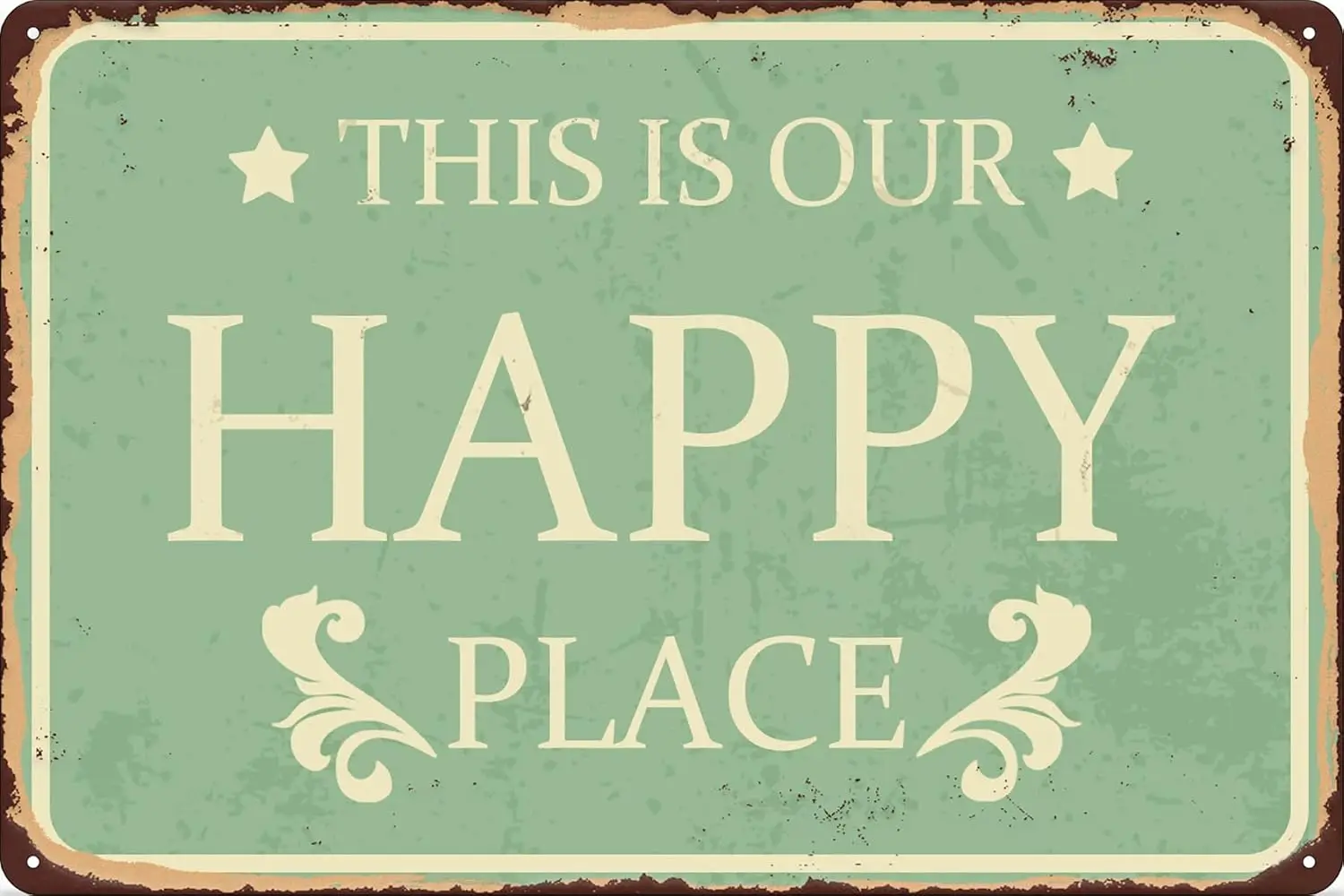 Letrero de metal decorativo para porche con la frase 'This is Our Happy Place', letreros de bienvenida de metal, decoración de pared exterior para patio, caravana, jacuzzi, bar, granja