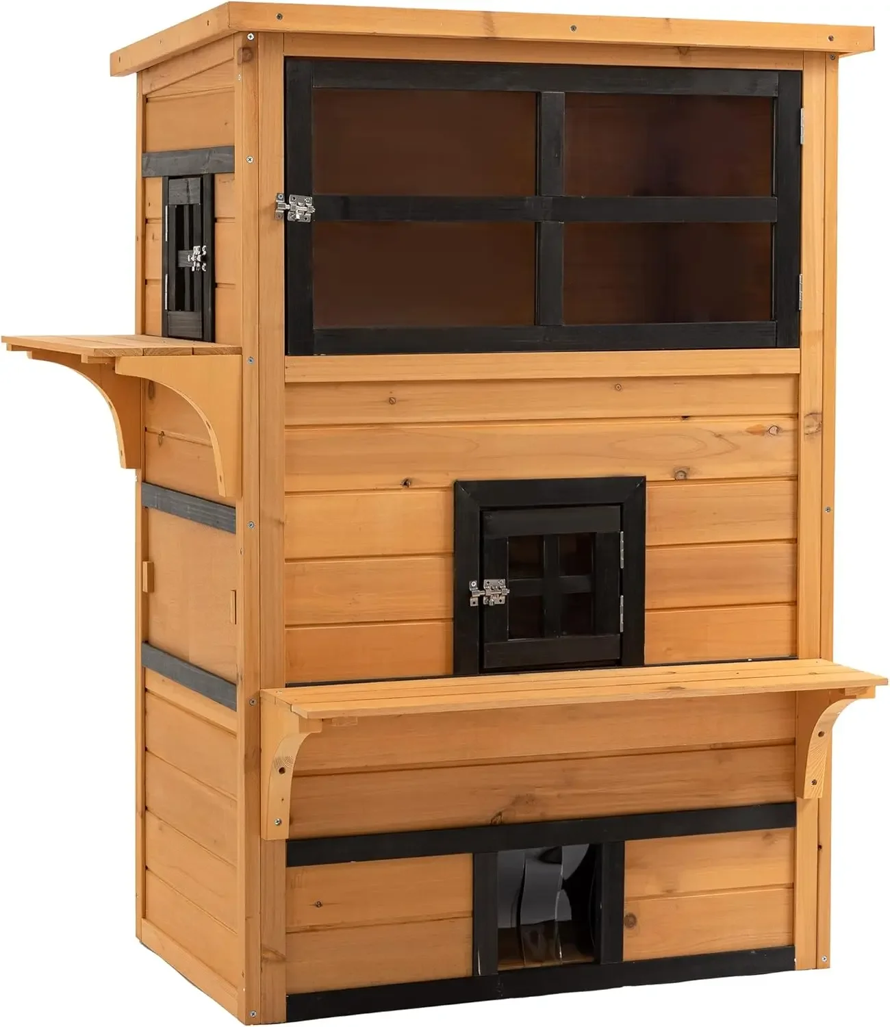 PawHut 3-Story Cat House Feral Cat Shelter, Outdoor Kitten Condo with Raised Floor, Asphalt Roof, Escape Doors, Jumping Platform