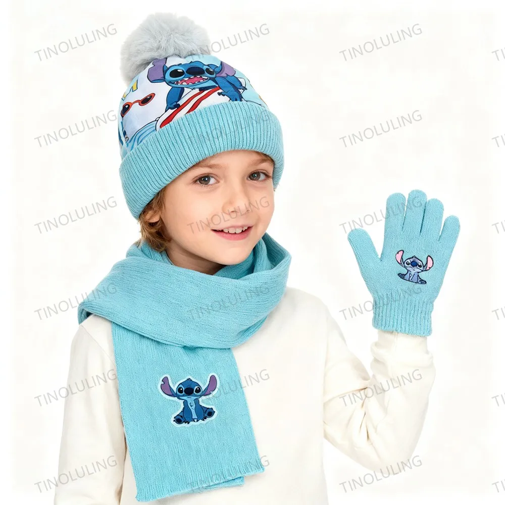 

3pcs New Anime Stitch Autumn Winter Children Hat Scarf Gloves Cartoon Warm Mickey Knitted Hat Boy Girl Cap 2-8Y Children Gifts