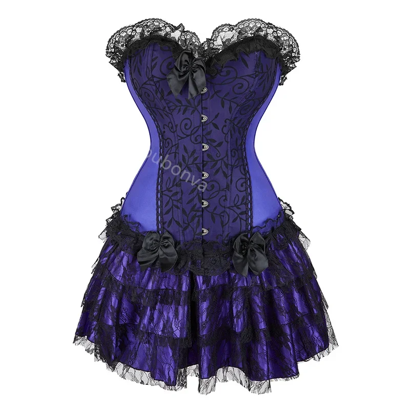 Green Corset Dress Tutu Skrits Set Overbust With Lace Costume Party Sexy Burlesque Ladies Basques Outfit Plus Size Gothic