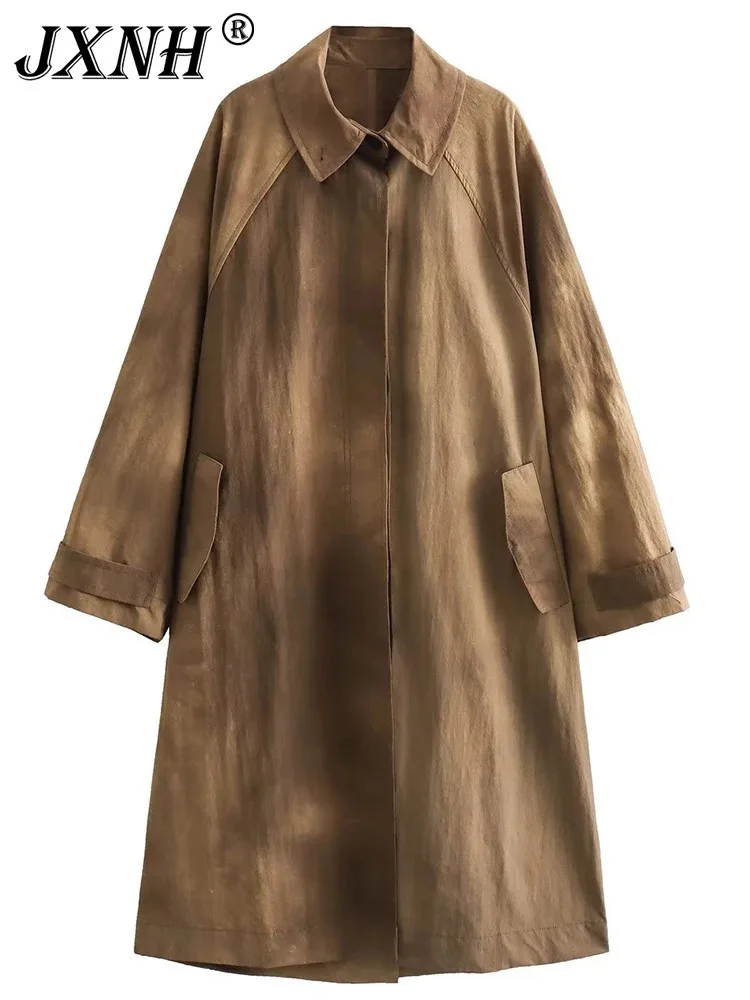 

Женский Свободный плащ с отложным воротником JXNH, Повседневная ветровка цвета хаки большого размера с длинным рукавом, весна-осень 2024
