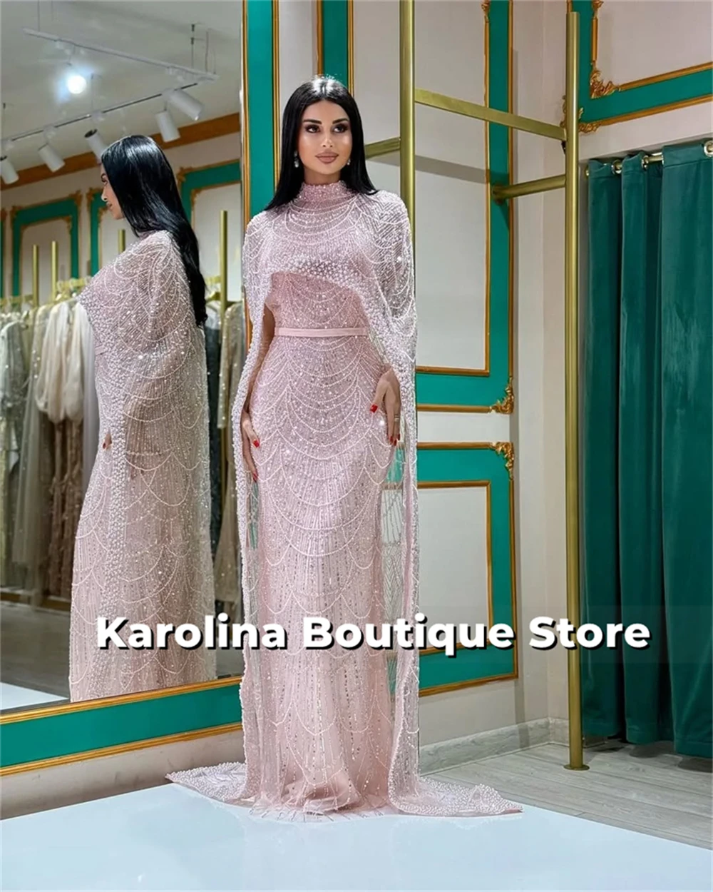 

Luxury Pink Beads Tassel Strapless Arabic Evening Dress Crystal Illusion Cape Sky Blue Wedding Dress For Saudi 2025 Customized