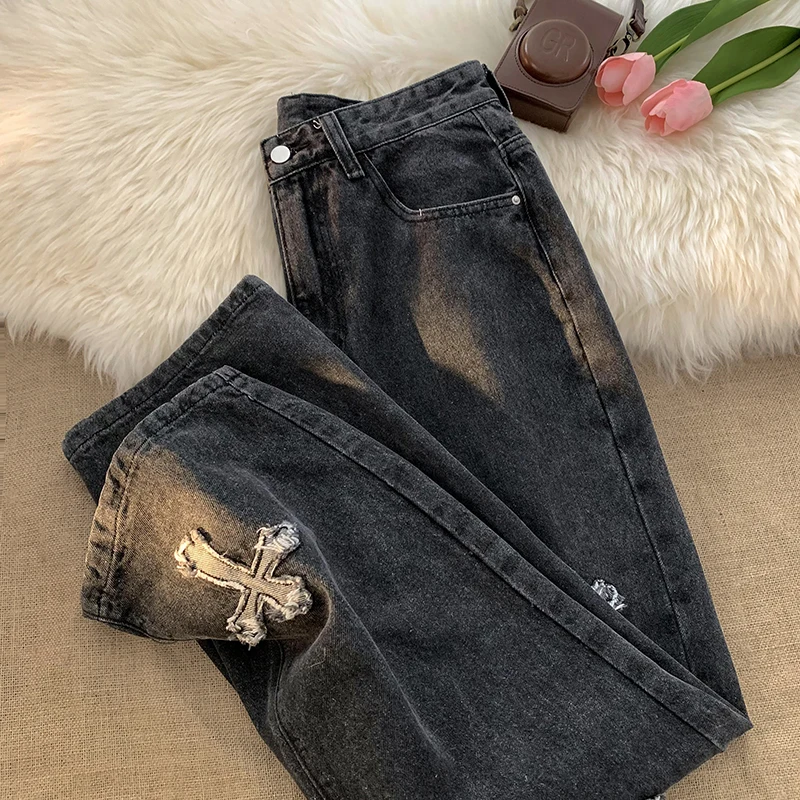 

Американские свободные прямые мужские джинсы, весенне-осенние повседневные уличные модные брендовые длинные брюки с перекрестным узором