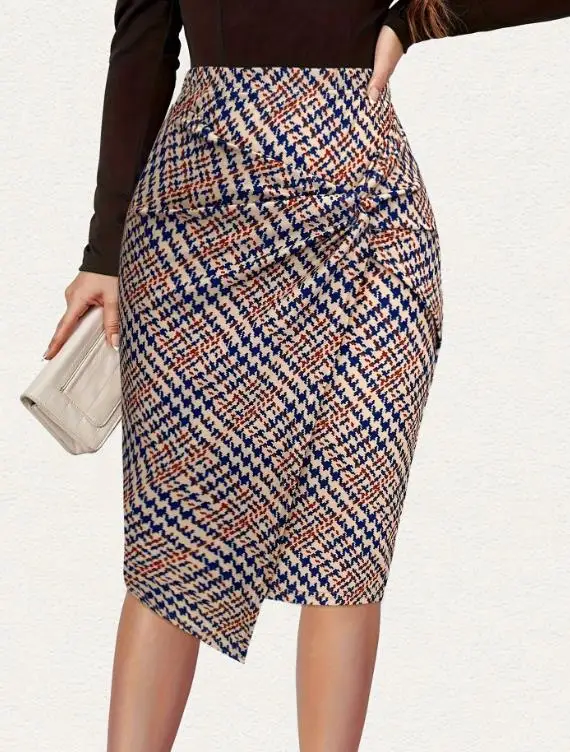 

Skirt for Women 2025 Spring New Commuter Plaid Printed Front Twisted Elegant and Fashionable High Waist Bag Hip Midi Skirt