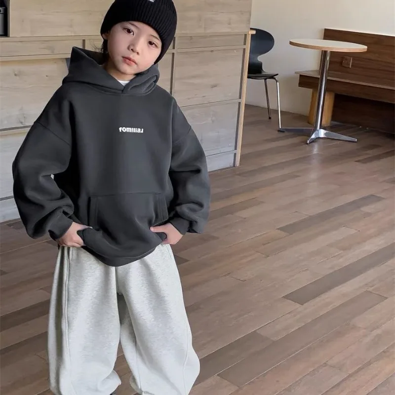 

Осень-зима 2022, новая корейская стильная толстовка с капюшоном на флисовой подкладке для мальчиков, стильная модная повседневная куртка для мальчиков