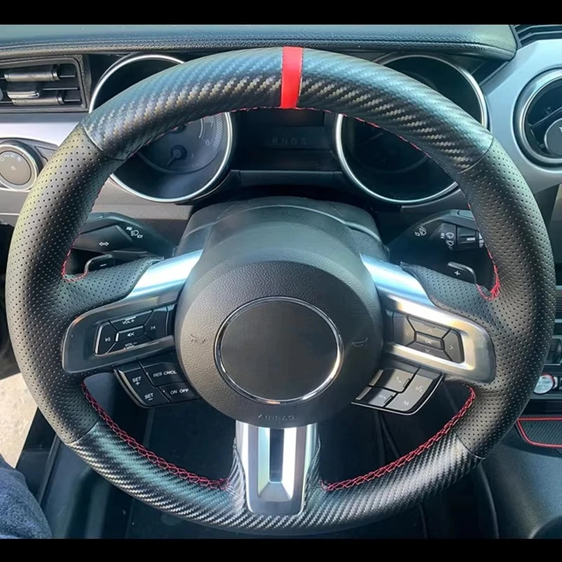 Braid Car Steering Wheel Cover For Ford Mustang 2015 2016 2017 2018 2019 2020 2021 Carbon Fiber Steering Wrap Car Accessories