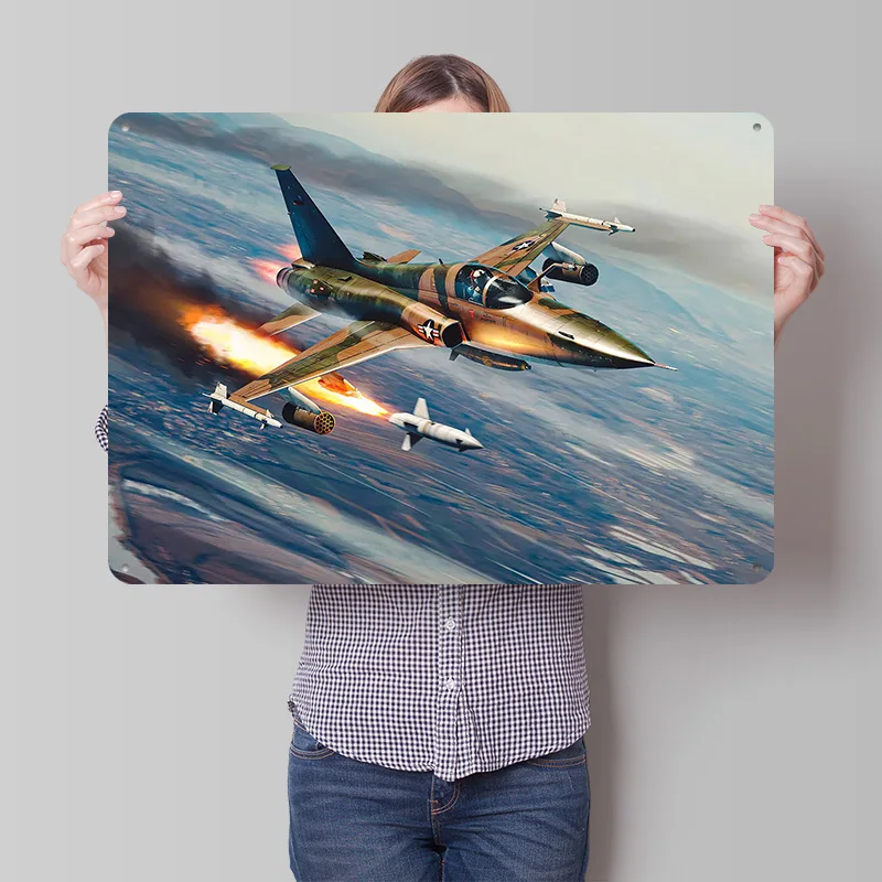Camouflaged Fighter Jet in Flight War Thunder 3D Texture Metal Poster Customized Wall Art Tin Sign Gift for Mancave Wand Deko