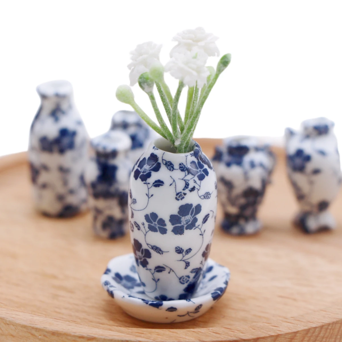 7Pcs Dollhouse Chinese Style Miniature Ceramic Porcelain Vase Mini Flower Bouquet Container Fairy Garden Scene Decor Accessories