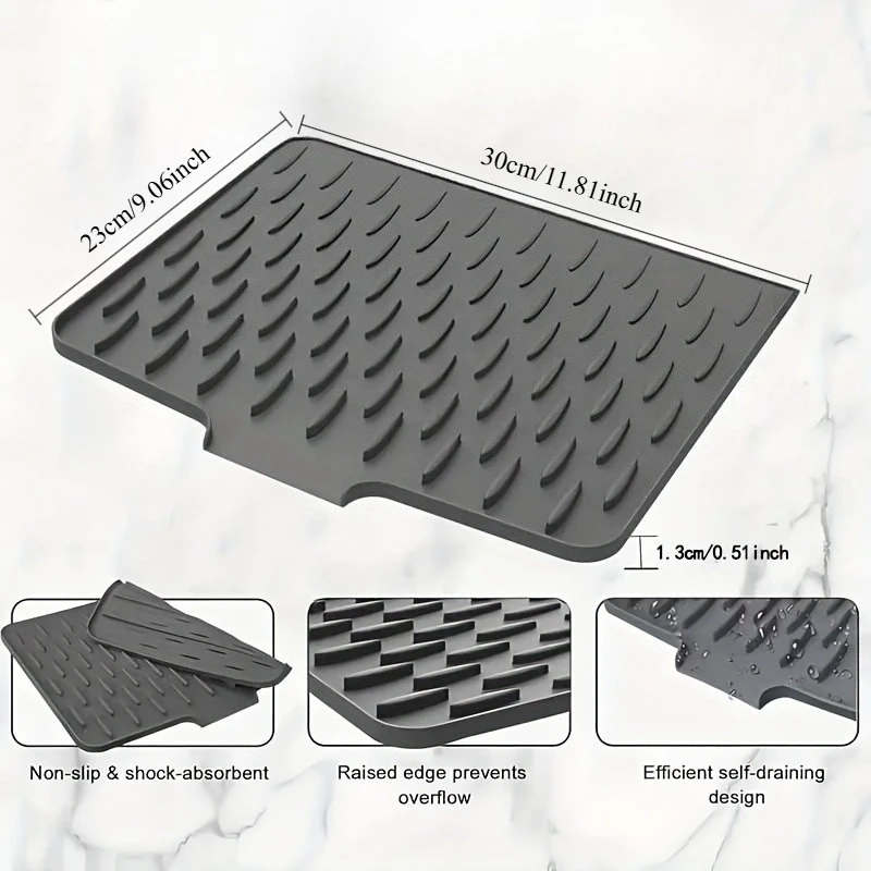 1 Non-slip Silicone Kitchen Drain Mat, Heat-resistant, with Built-in Drainage Design, Sink Countertop Mat, Easy-to-clean
