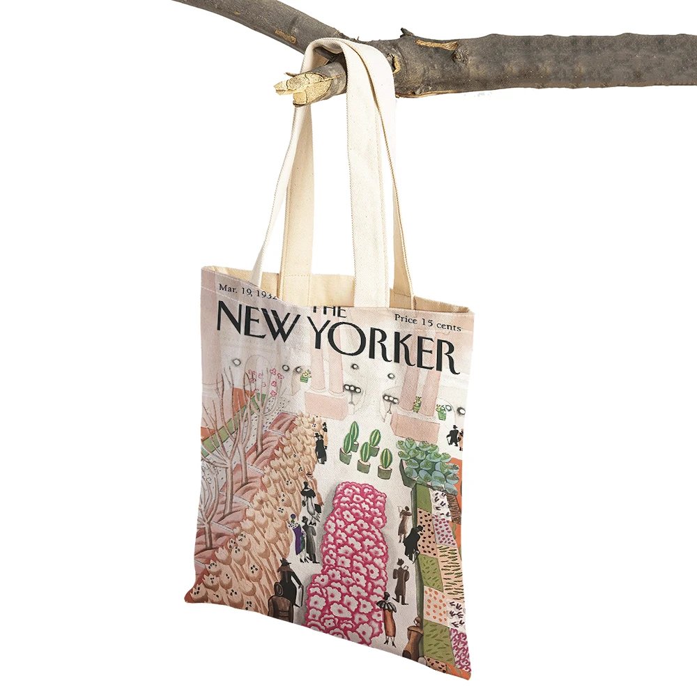 Nordic The New Yorker City Magazine Women Shopping Bags Double Print Casual Shopper Bag Lady Linen Tote Leaf Travel Handbag