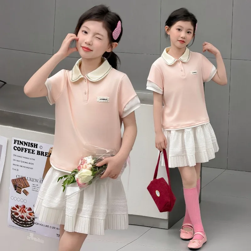 

Children Clothes Girl Summer Sweet Cute Peter Pan Collar Short Sleeve Tops and Pleated Skirt 2026 Sport Casual Daily Wear