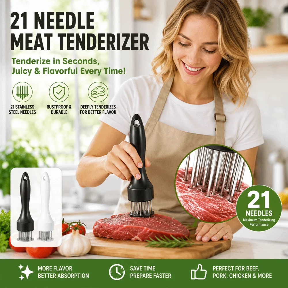 Stainless Steel Meat Tenderizer Tool 2-in-1 21-Pin Steak Tenderizer Kitchen Gadgets Marinade Injector Meat Needle Meat Mallet