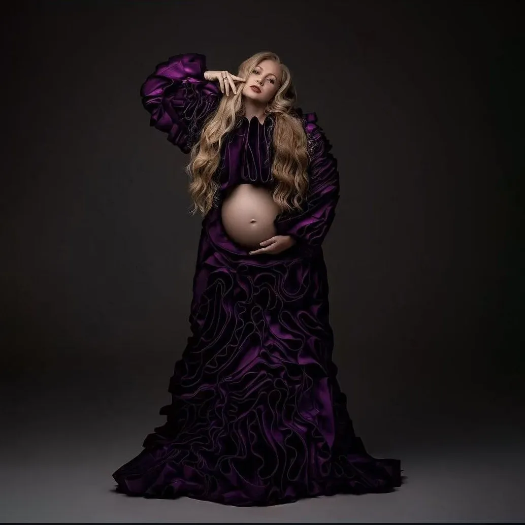 Vestidos de embarazo de color morado de lujo, vestido de maternidad plisado con mangas completas recortadas en capas, плаajtе для бем Iyoм Jaya