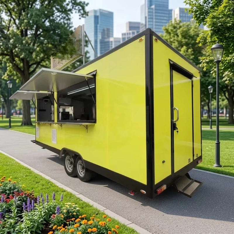 19 Feet Stainless Food Cart Customizable Built-in Fridge Mobile Food Trailer Durable Catering Van for Outdoor Daily Use