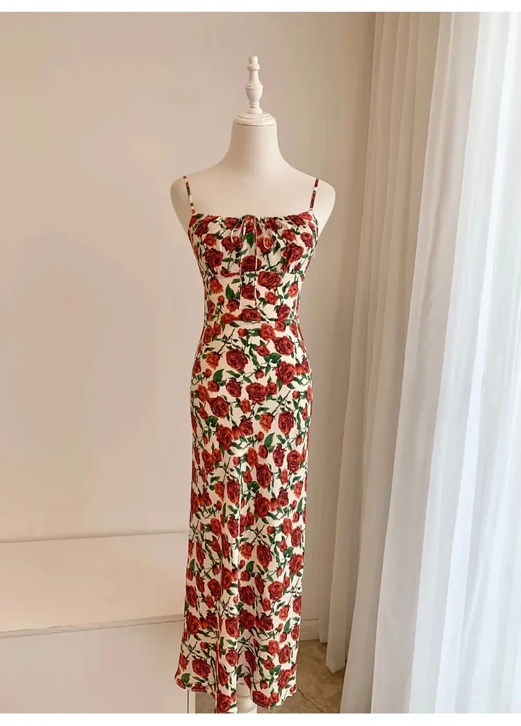 

Robe for Ladies 2024 New Spring Summer 100% Silk Flower Print Strapless Slim Sexy Sleeveless Long Dress