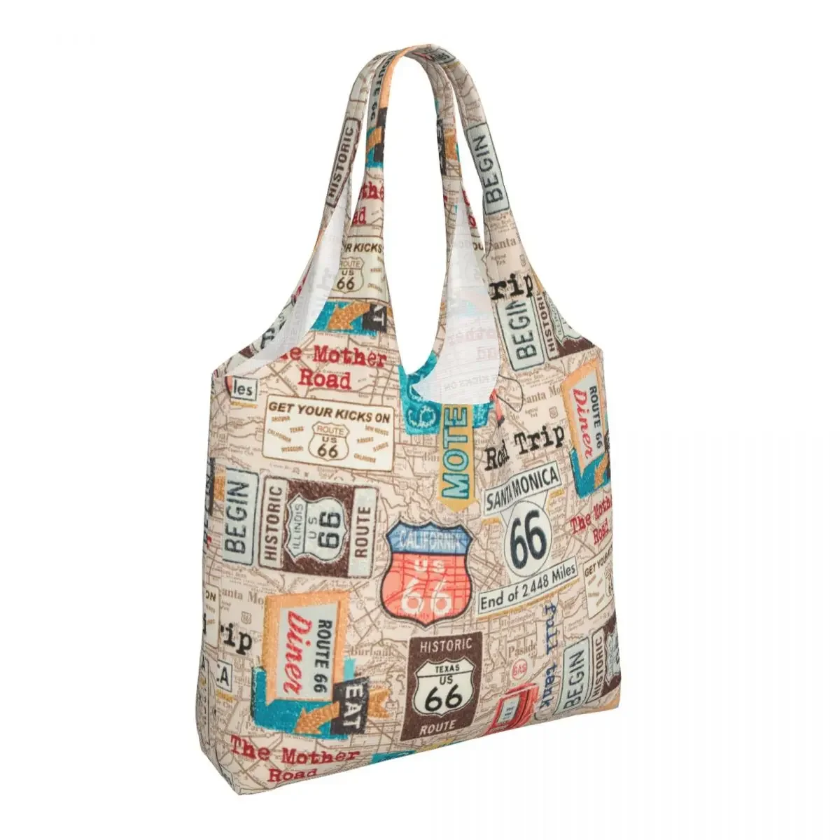 Kawaii Printing Vintage Route 66 Tote Shopping Bags Durable Canvas Shoulder Shopper USA Highways Map Photographer Handbag