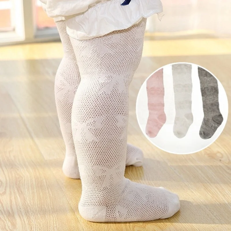 2026 Summer Baby Cotton Pantyhose Newborn Breathable Mesh Tights Kids Girls 0-8Y Thin Bow Print Princess Stockings