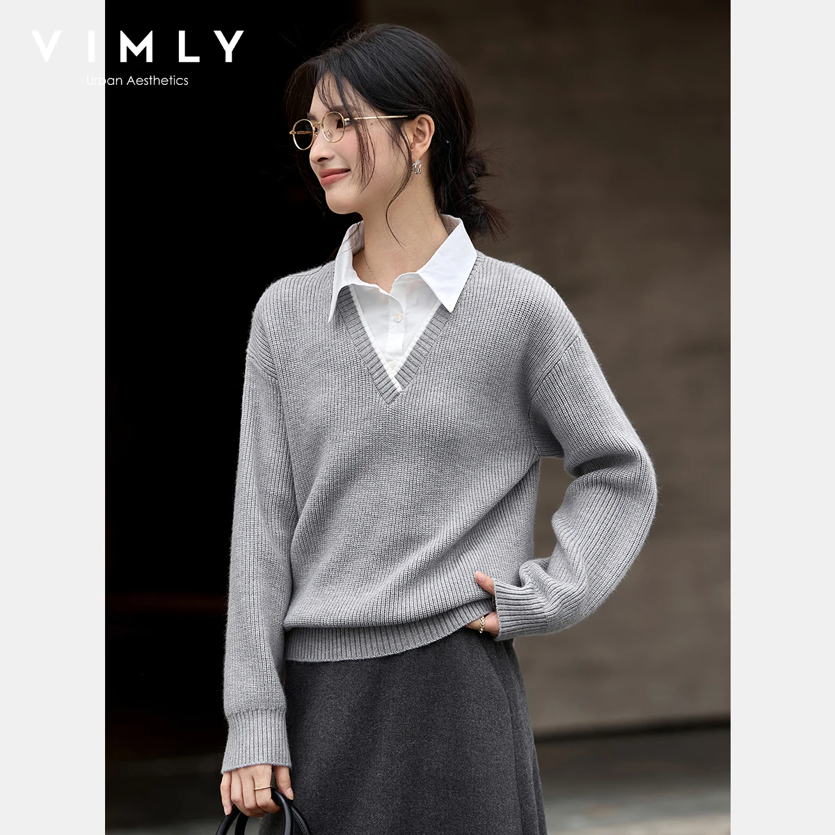 Vimly outono 2025 moda mulher nova malha cinza pullovers estilo preppy retalhos 2 em 1 camisola turn-down neck senhoras jumpers 75082