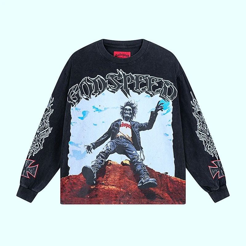 تي شيرت Godspeed Vintage Waed American High Street Long Sve مطبوع عليه جمجمة ex Youth Faion قطن مستدير Ne ort Sve #2
