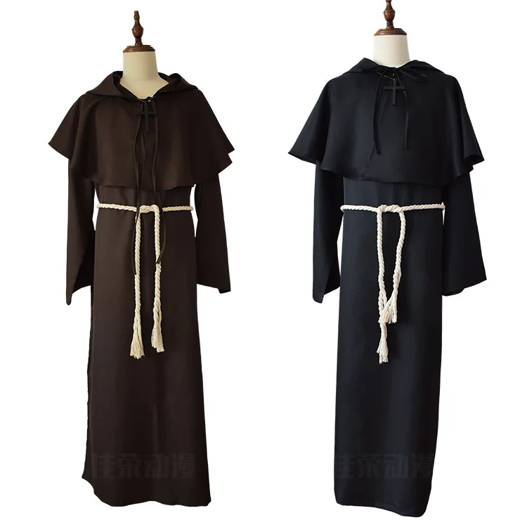 Adults Men  Medieval Cosplay Monk Costumes Black Monk Robe Wizard Costume Priest Halloween Medieval Black Hoodies cap Costume