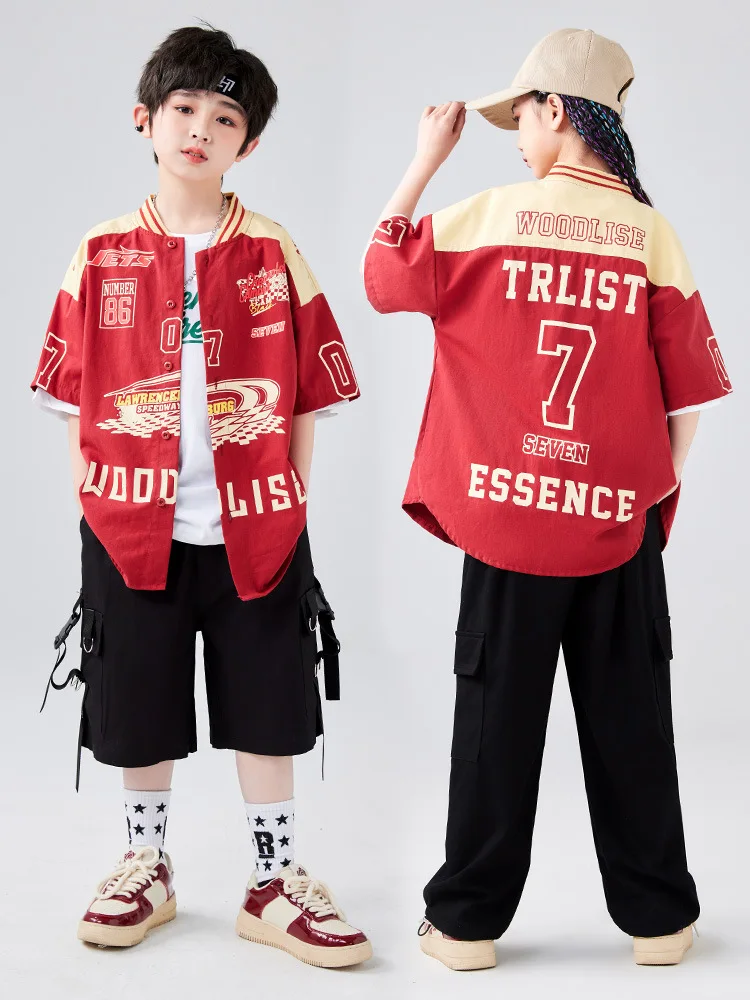 Kid Hip Hop Clothing Wine Red Baseball Racing Shirt Top Black Casual Cargo Pants Shorts for Girl Boy Jazz Dance Costume Clothes