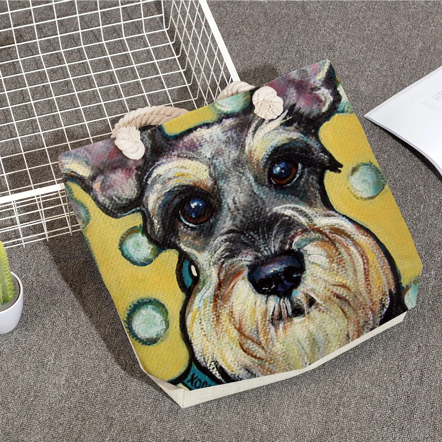 Cute Casual Shopping Shopper Bags Customizable Large Capacity Schnauzer Dog Painting Handbags For Women Lady Korean Shoulder Bag