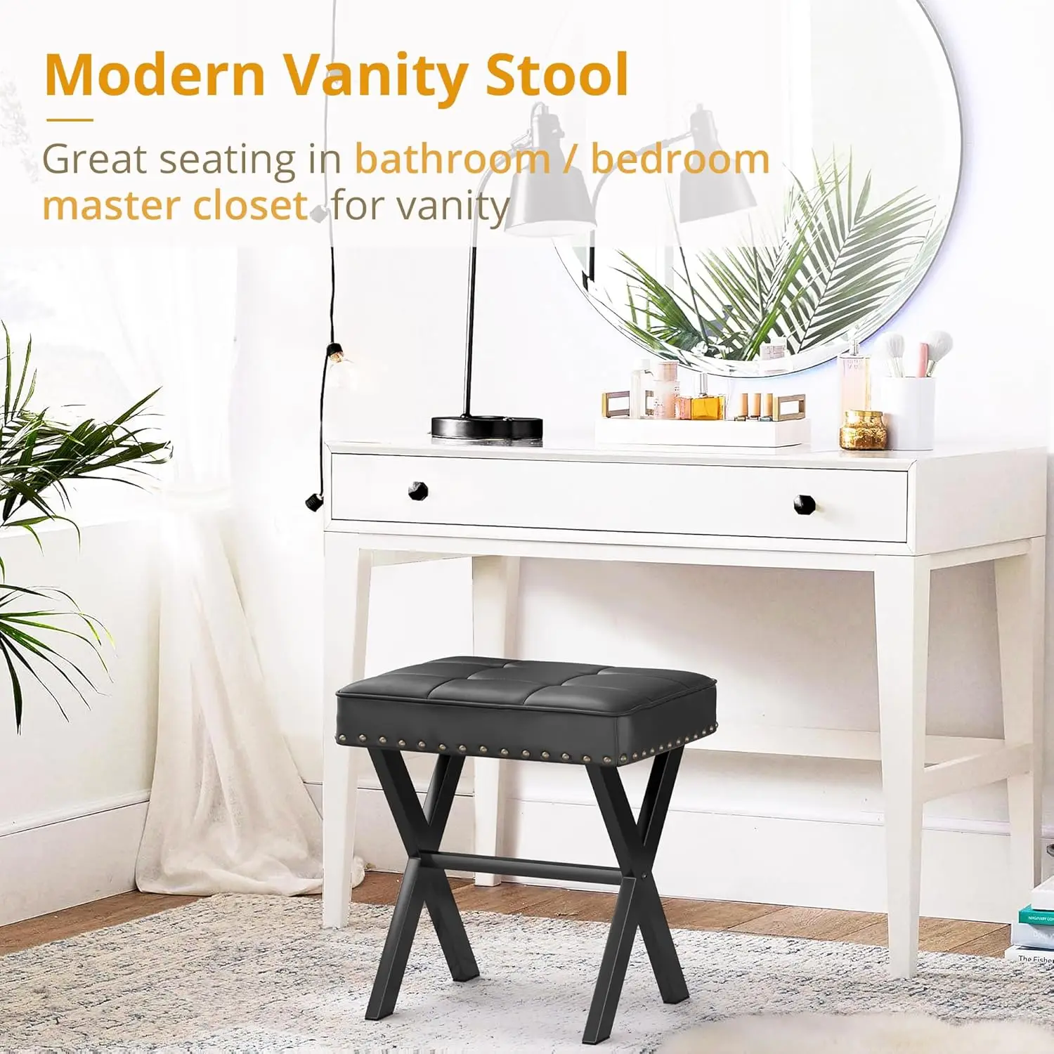

Lue Bona Vanity Stool, Square Faux Leather Makeup Stool With Metal X Legs, Small Ottoman Stool Chair For Vanity, Modern Padded