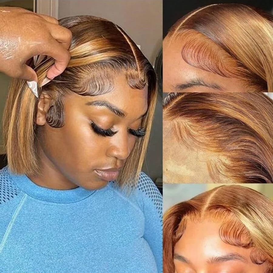 200% peluca corta recta Bob 14 pulgadas resaltado rubio miel 13x4 peluca Frontal de encaje transparente P4/27 color brasileño prearrancado