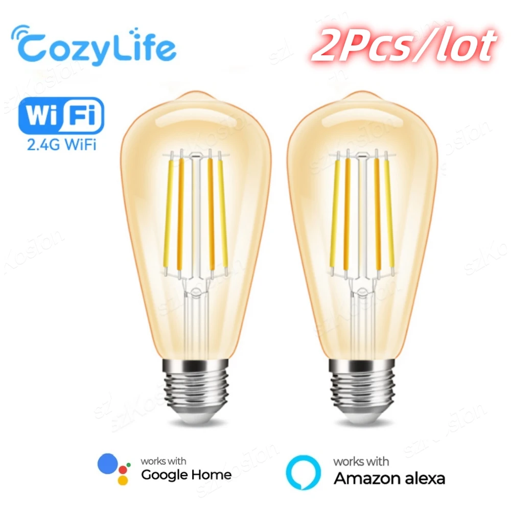 Cozylife-lâmpada led inteligente com wifi, lâmpada de filamento retro, regulável, luz branca quente, controle de voz, alexa e google, 2 pcs/lot, st64 e27