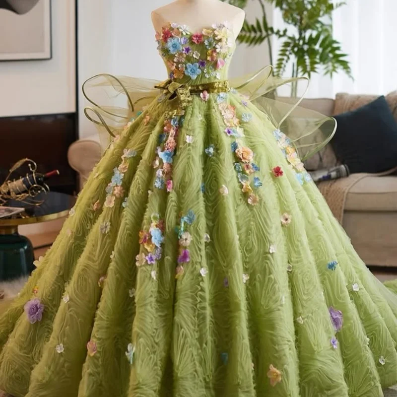 

Мятно-зеленые платья Quinceanera по индивидуальному заказу с открытыми плечами и аппликацией с 3D цветком, кружевное многослойное платье с длинным хвостом, Vestido 15, Quinceanera