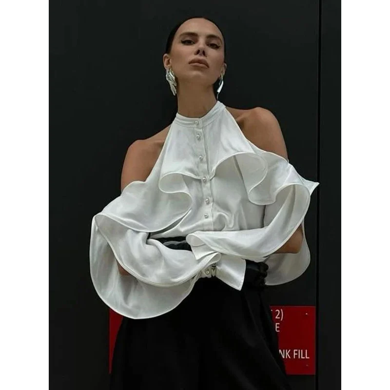 

Элегантная классическая женская блузка BKQU с рюшами, свободного кроя, с открытыми плечами, длинным рукавом, на пуговицах, модная женская одежда 2026