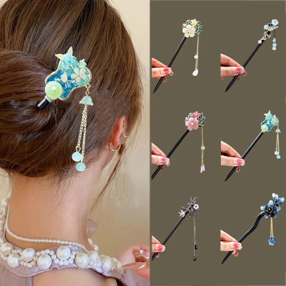 Elegant Chinese Style Flower Hair Sticks Handmade Vintage Hanfu Hair Bun Wooden Hair Forks Tassel Hair Chinese for Pan Headdress