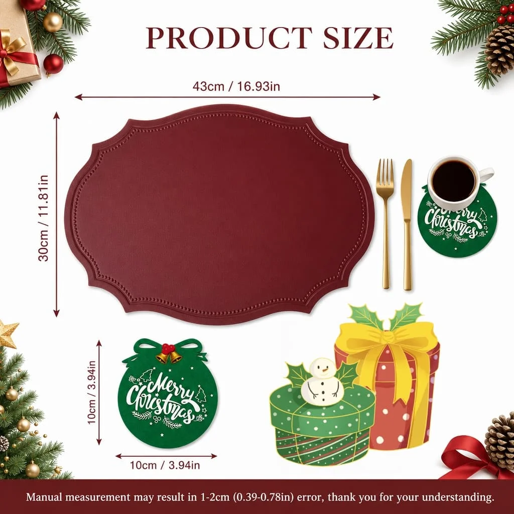 2sets retro shaped PU leather placemats, matching felt coasters or tableware sets, suitable for Christmas Day and family dinners