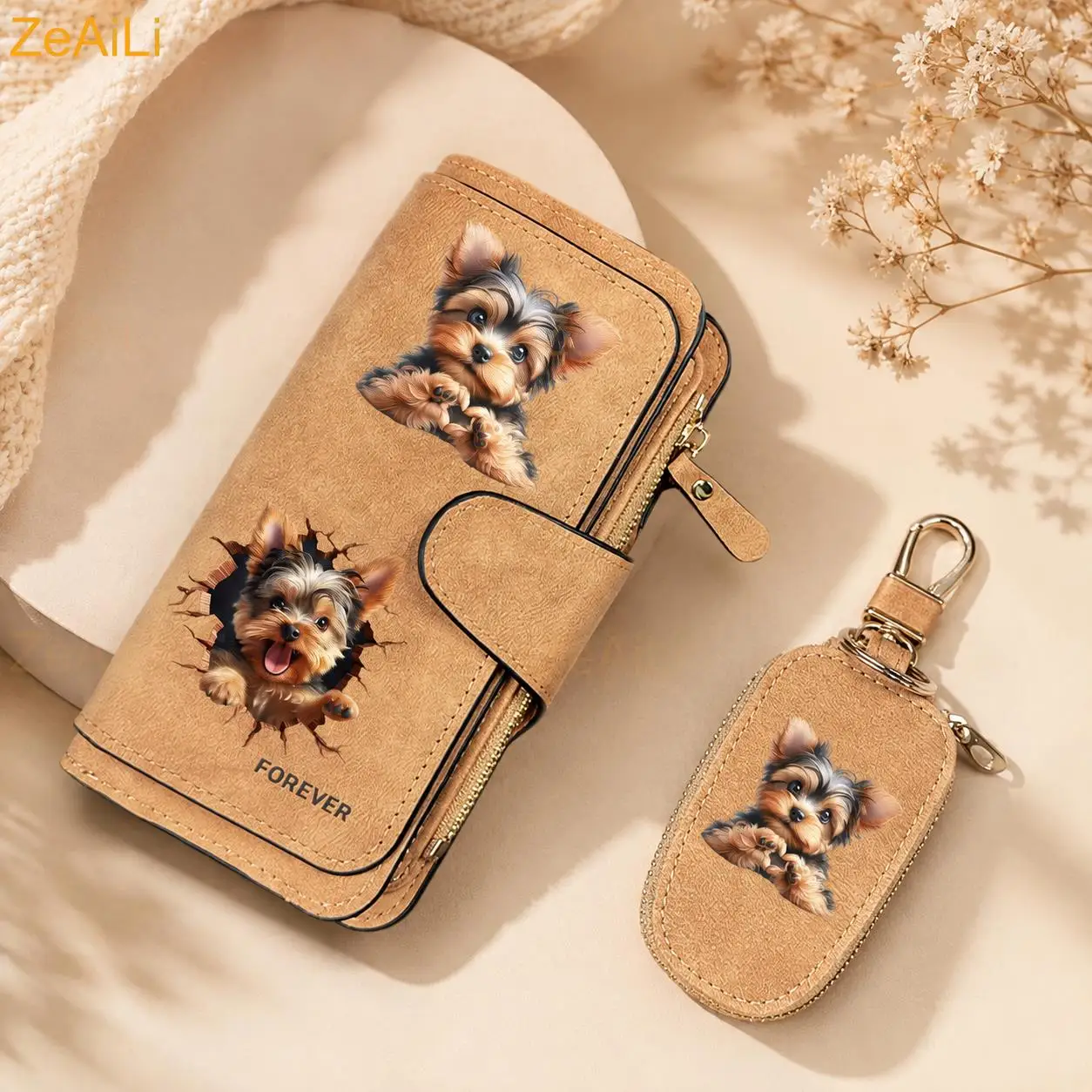 2Pcs Wallet+ Key Case Sets Yorkshire Terrier Dog Print Women Wallet Multi-Card Slot Zipper Clutch Purse Card Holder Money Clip