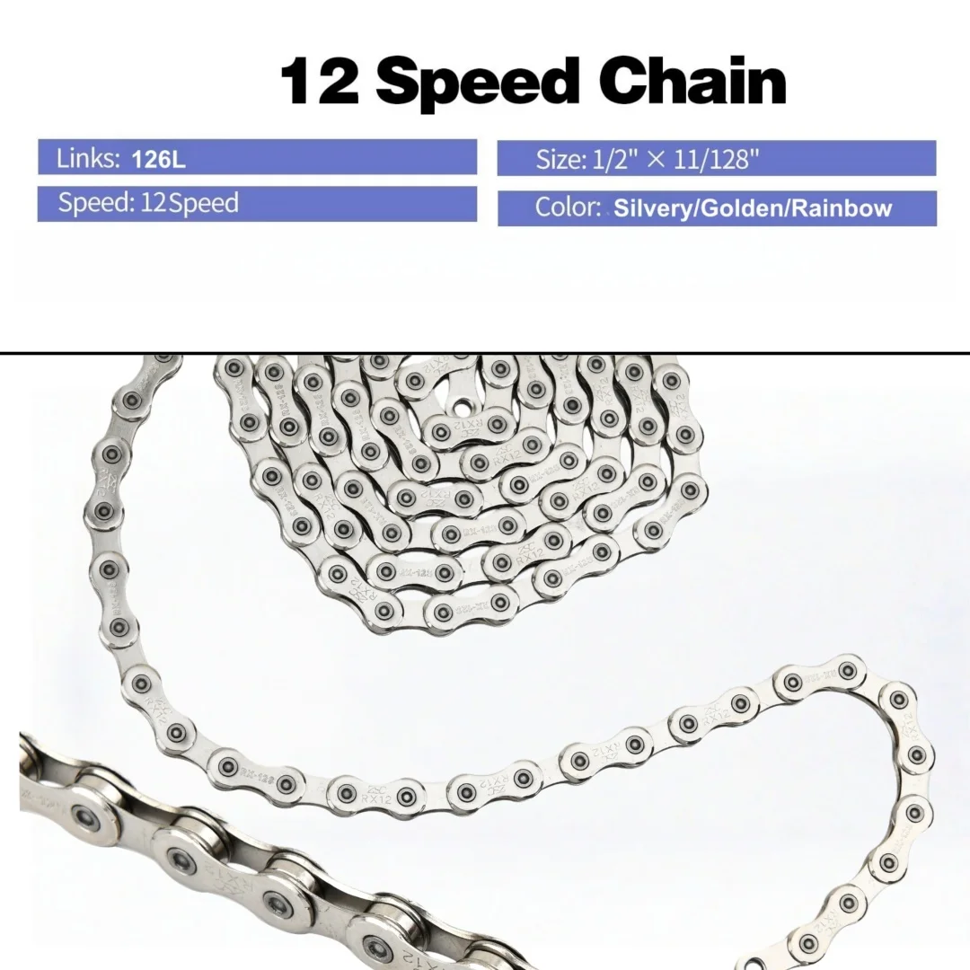 12-Speed Bike Chain, 1/2 x 11/128 Inch, 126 Links, Silvery,Golden, Rainbow Colors,Fit for Most Bikes