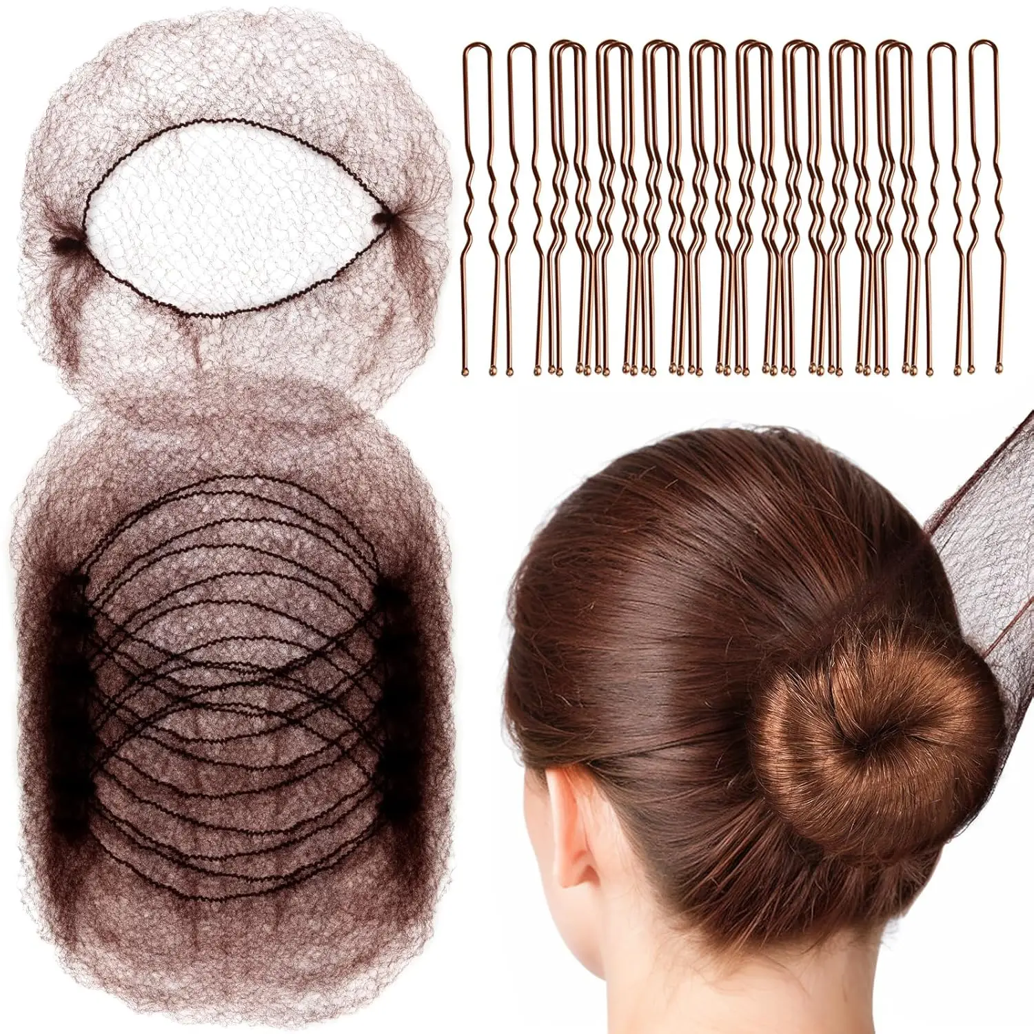 

20PCS Mesh Hair Nets & 40 U Shaped Pins Set for Ballet Bun, Brown