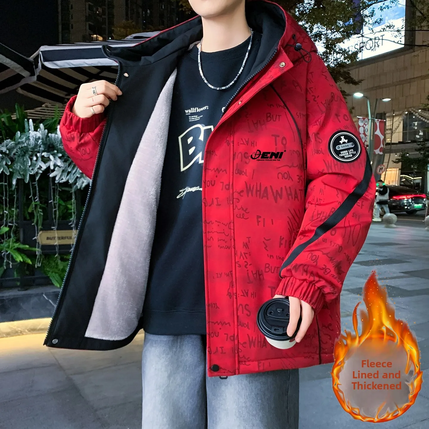 

Thiened Fce Hooded Jaet for Young Men Casual Warm Winter Coat Polyester Fiber Zipper Closure Long Sve Geometric Pat...