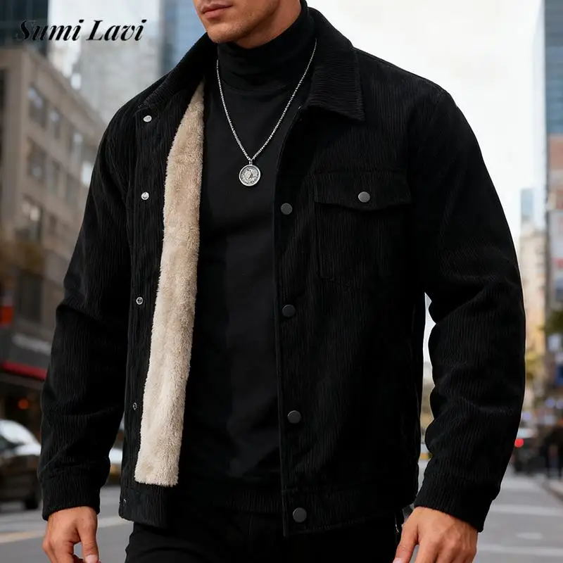 

Повседневные мужские вельветовые куртки, винтажная флисовая подкладка, теплая верхняя одежда, мужские осенне-зимние стильные вельветовые пальто с лацканами на пуговицах