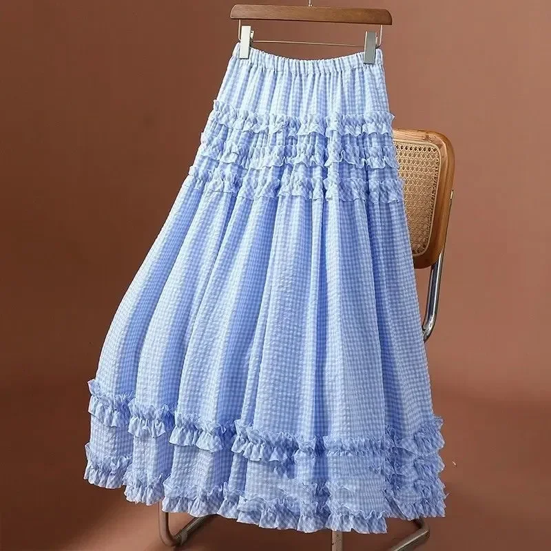 

Женская юбка трапециевидной формы с высокой талией Saia Sweet Ruffles Plaid Jupe с высокой талией, повседневные модные летние юбки 2025 Faldas Mujer De Moda