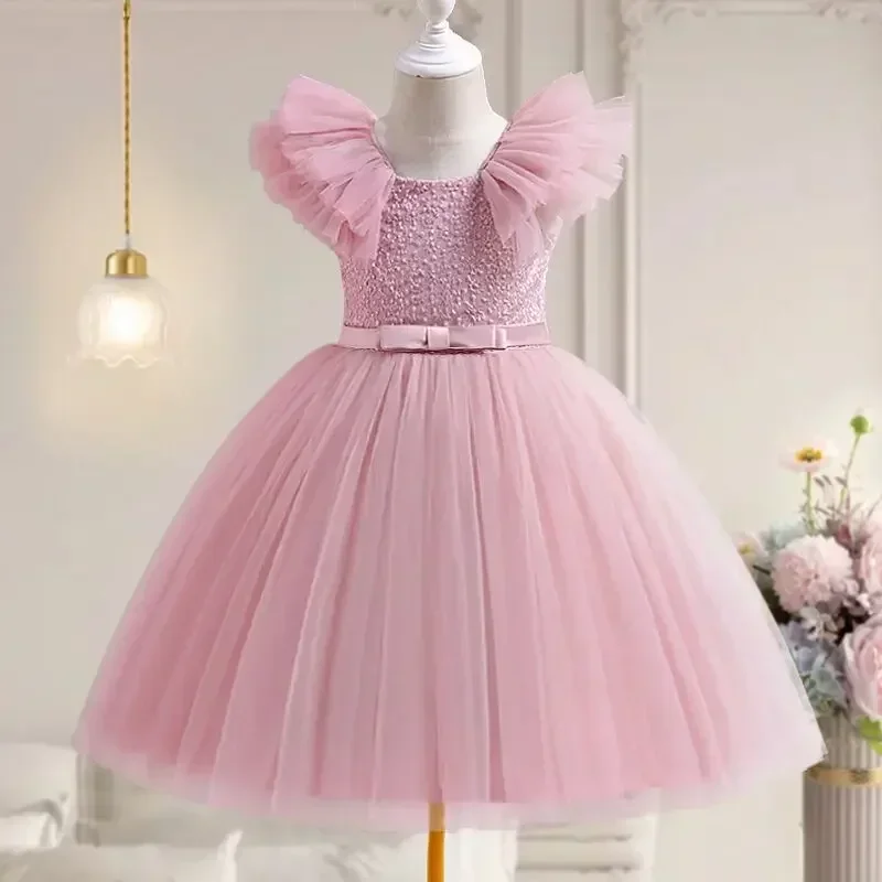 Ruffles Elegant Wedding Party Dress for Kids Girl Lace Flower Princess Dress for Girls Birthday Party Gown Holiday Kid\'s Dress