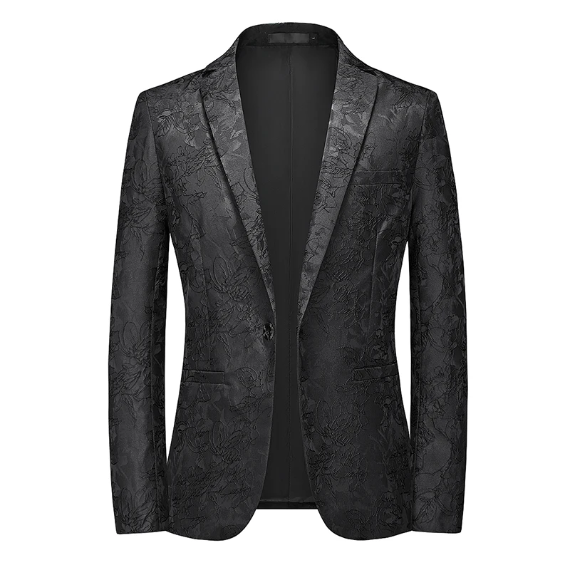 Classic Black Jacquard Suit Men\'s Business Casual Coat Size 6XL-S Fashion Men Wedding Party Tuxedo Dress Blazers Slim Fit Tops