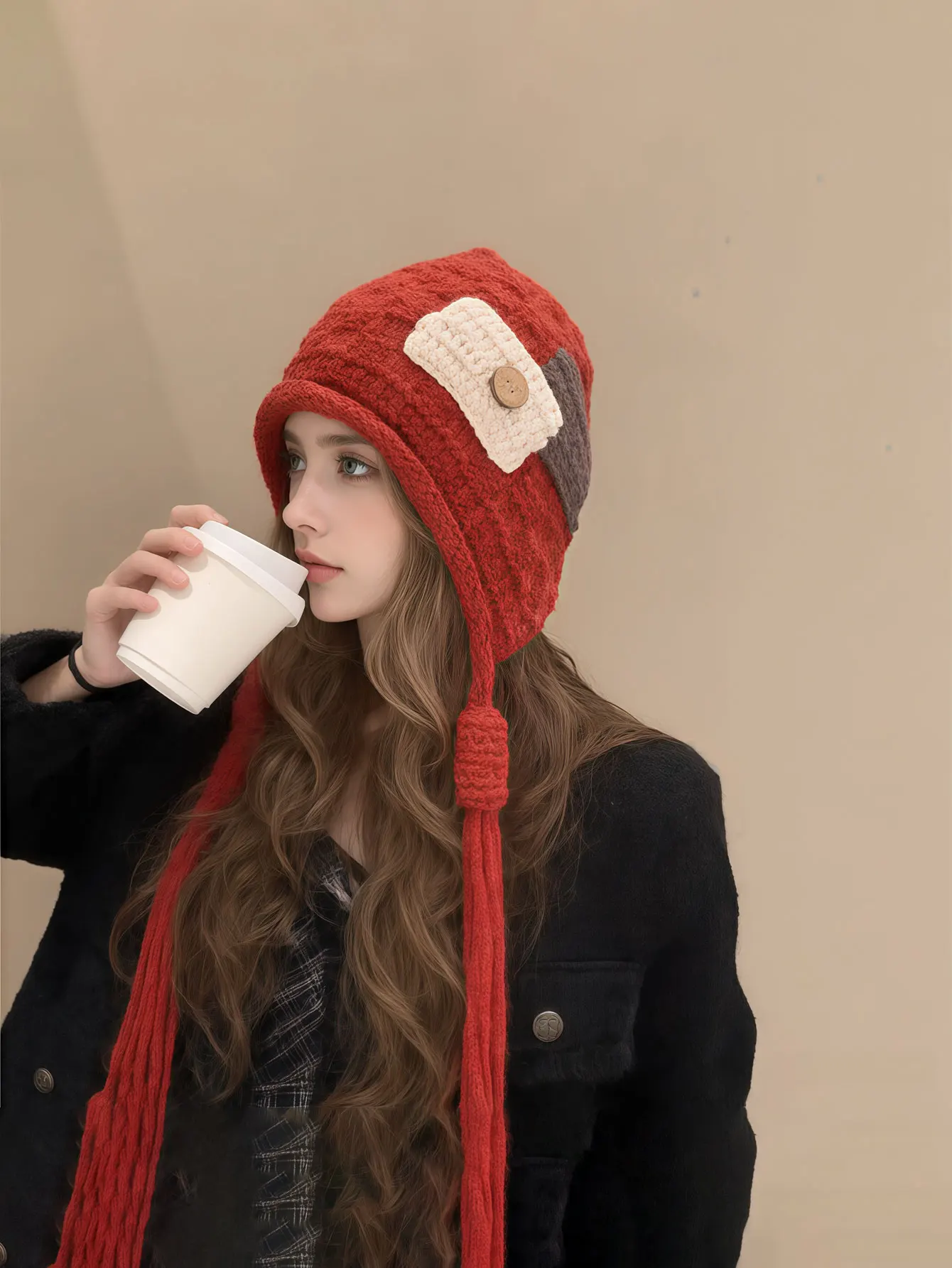 1PC  2026 Autumn/Winter Colorful Patchwork Flowing Fringe Ear Guard Hat Knitted Cap Versatile Hoodie Hat