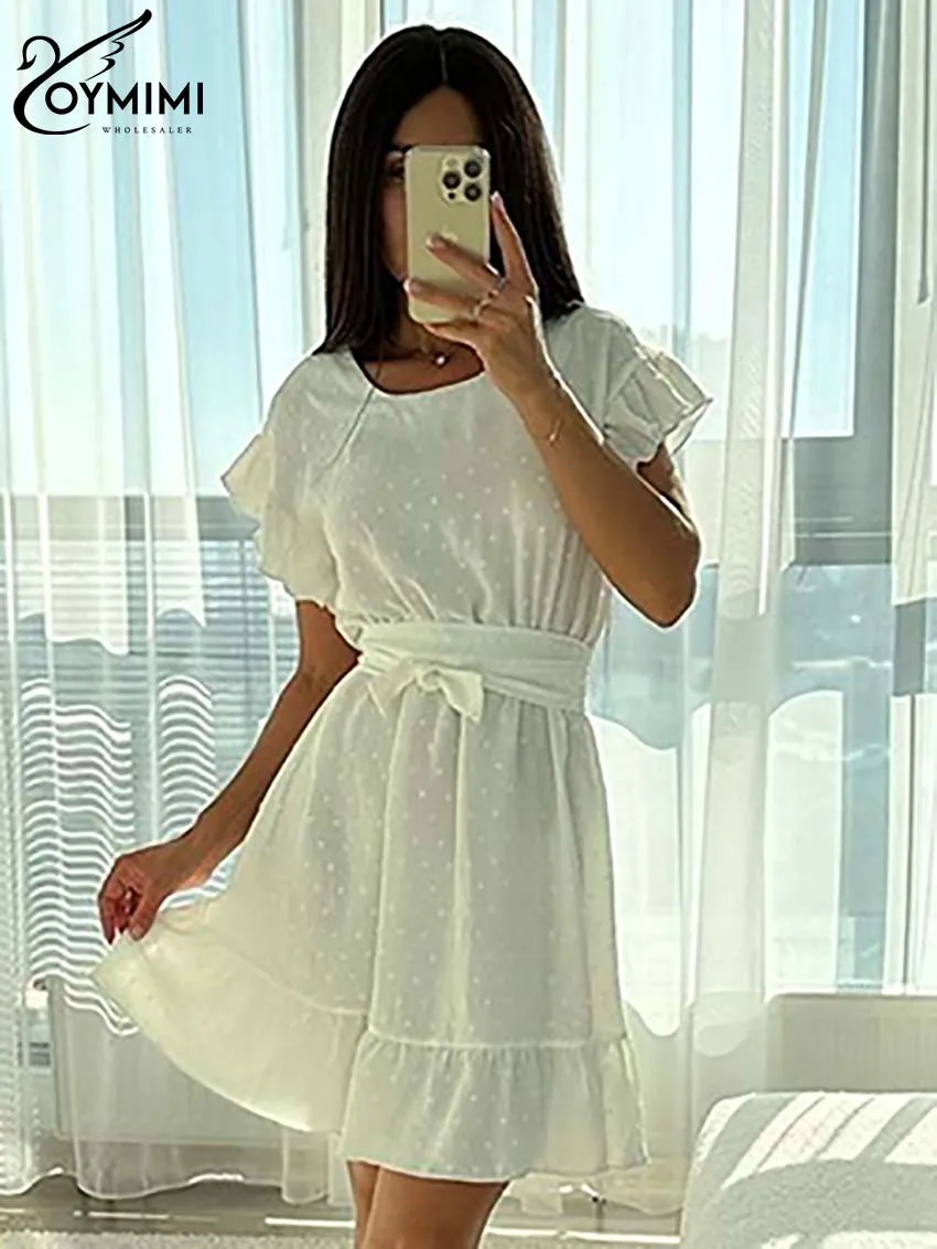 

Oymimi Elegant White Cotton Women's Dress Fashion O-Neck Short Sleeve Lace-Up Dresses Casual Pleated Mini Dresses Streetwear