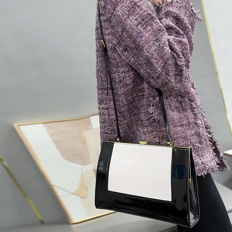Box Clip Clutch Bags For Women Luxury Designer Handbags And Purses 2026 New In PU Mirror Color Blocking Top Metal Frame Shoulder